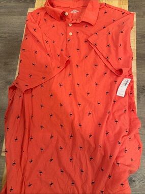 Old Navy Coral Polo with Navy Flamingo Print